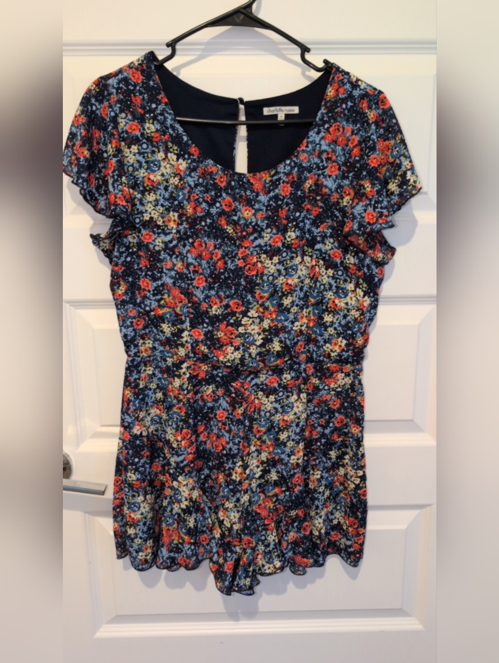 Charlotte Russe Navy Floral Short Sleeve Romper with Red & Cream Accents